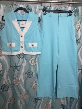 Light Blue Wide-Leg Pant & Vest Set